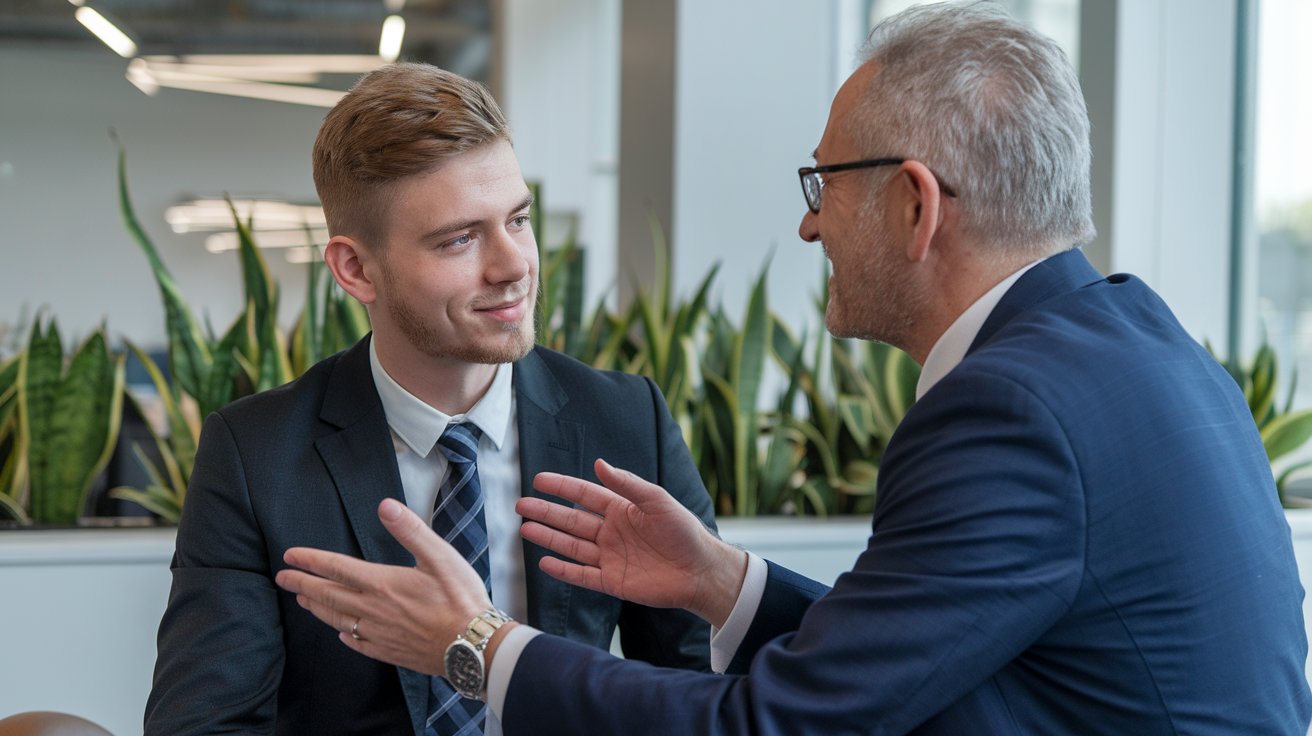 Dos hombres trajeados teniendo una charla